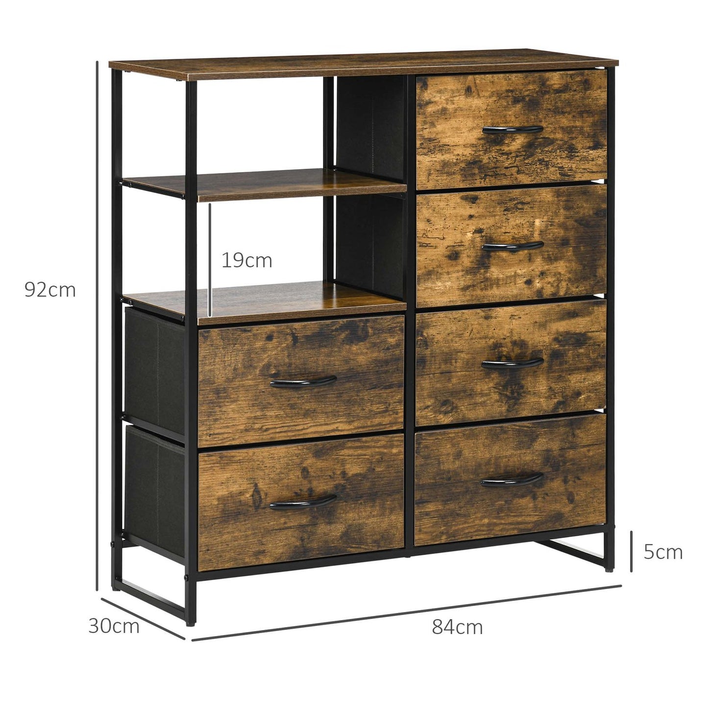 Industrial sideboard with 6 fabric drawers & 2 shelves, rustic brown