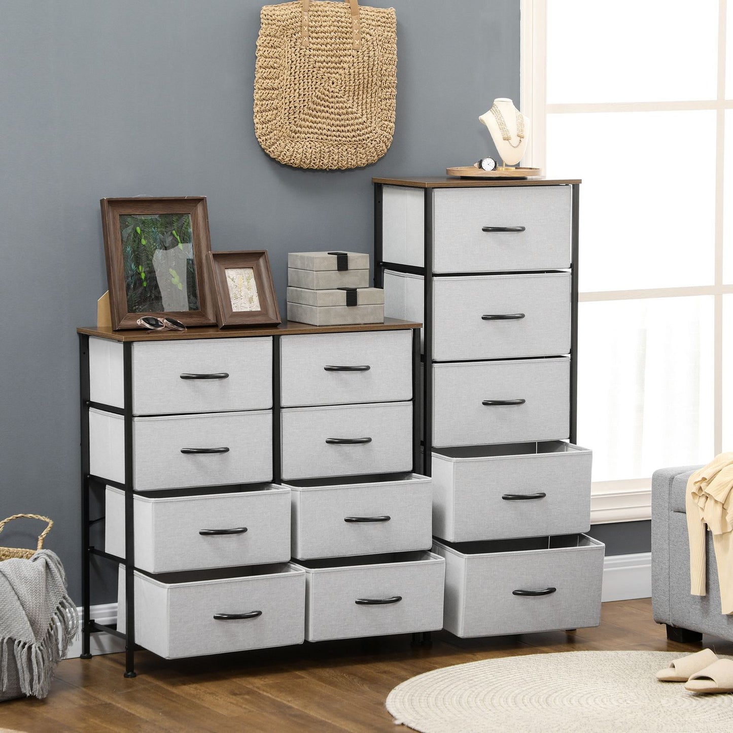 Gray sideboard with 8 fabric drawers and worktop