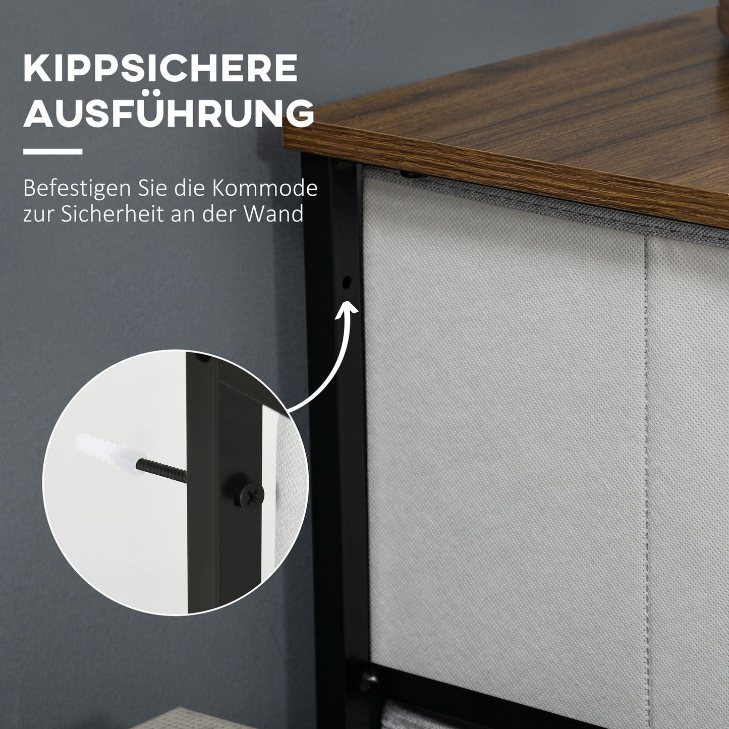 Gray sideboard with 8 fabric drawers and worktop