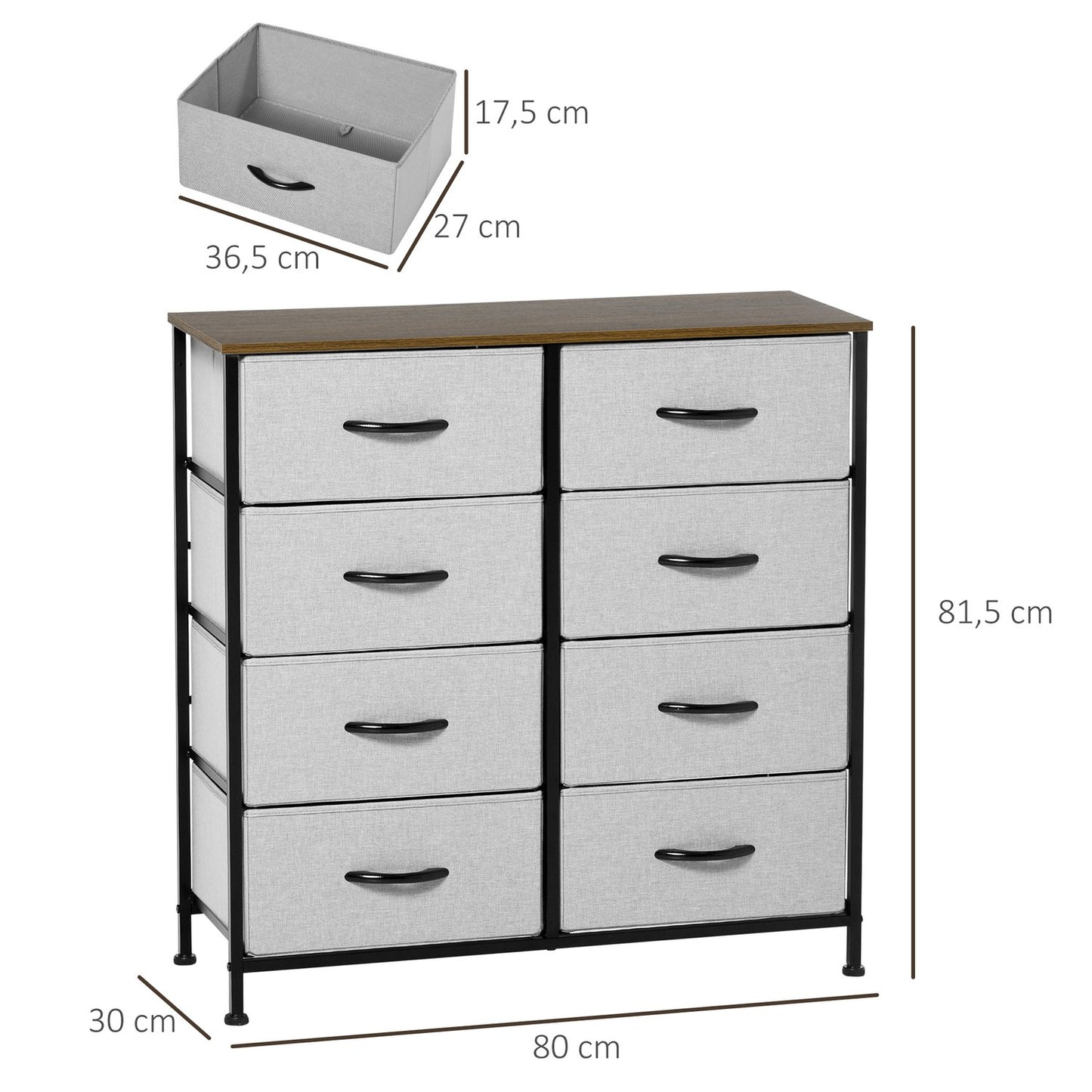 Gray sideboard with 8 fabric drawers and worktop