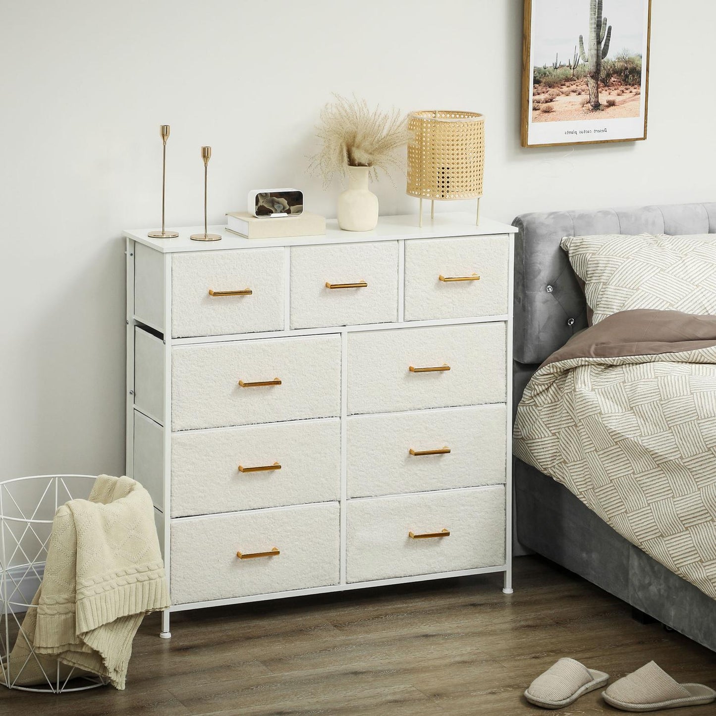 Creamy white fabric chest with 9 drawers - Living room storage