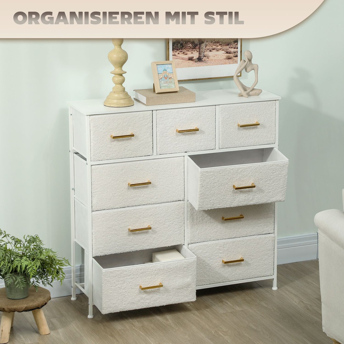 Creamy white fabric chest with 9 drawers - Living room storage