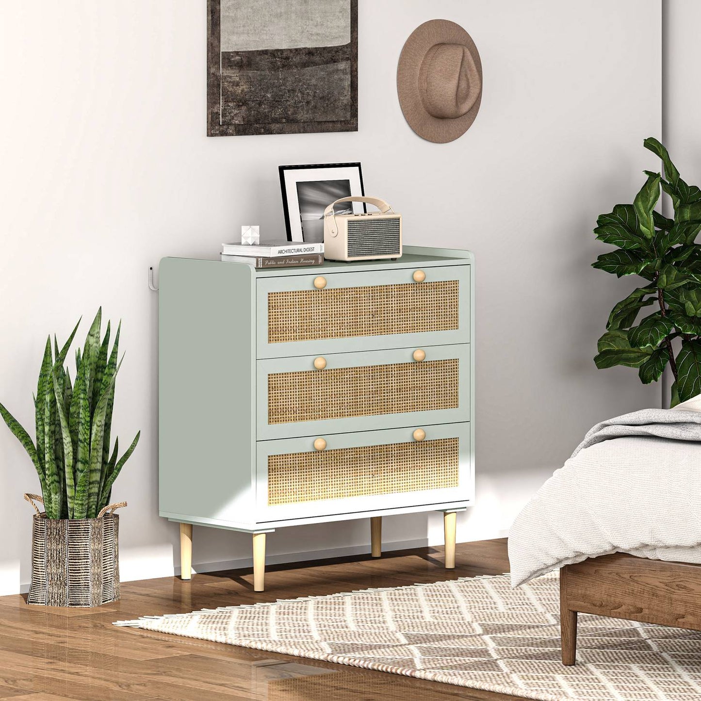 Boho Rattan dresser, 3-drawer sideboard, light blue