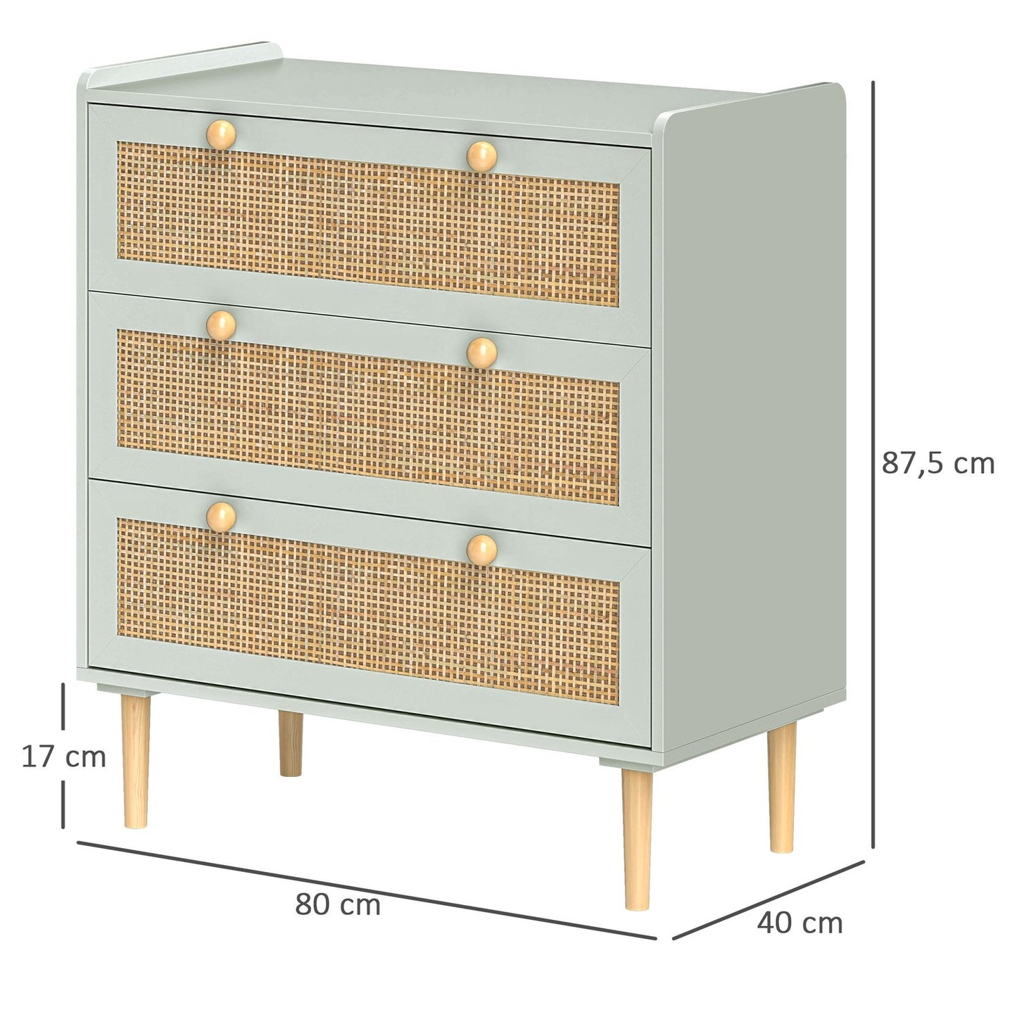 Boho Rattan dresser, 3-drawer sideboard, light blue