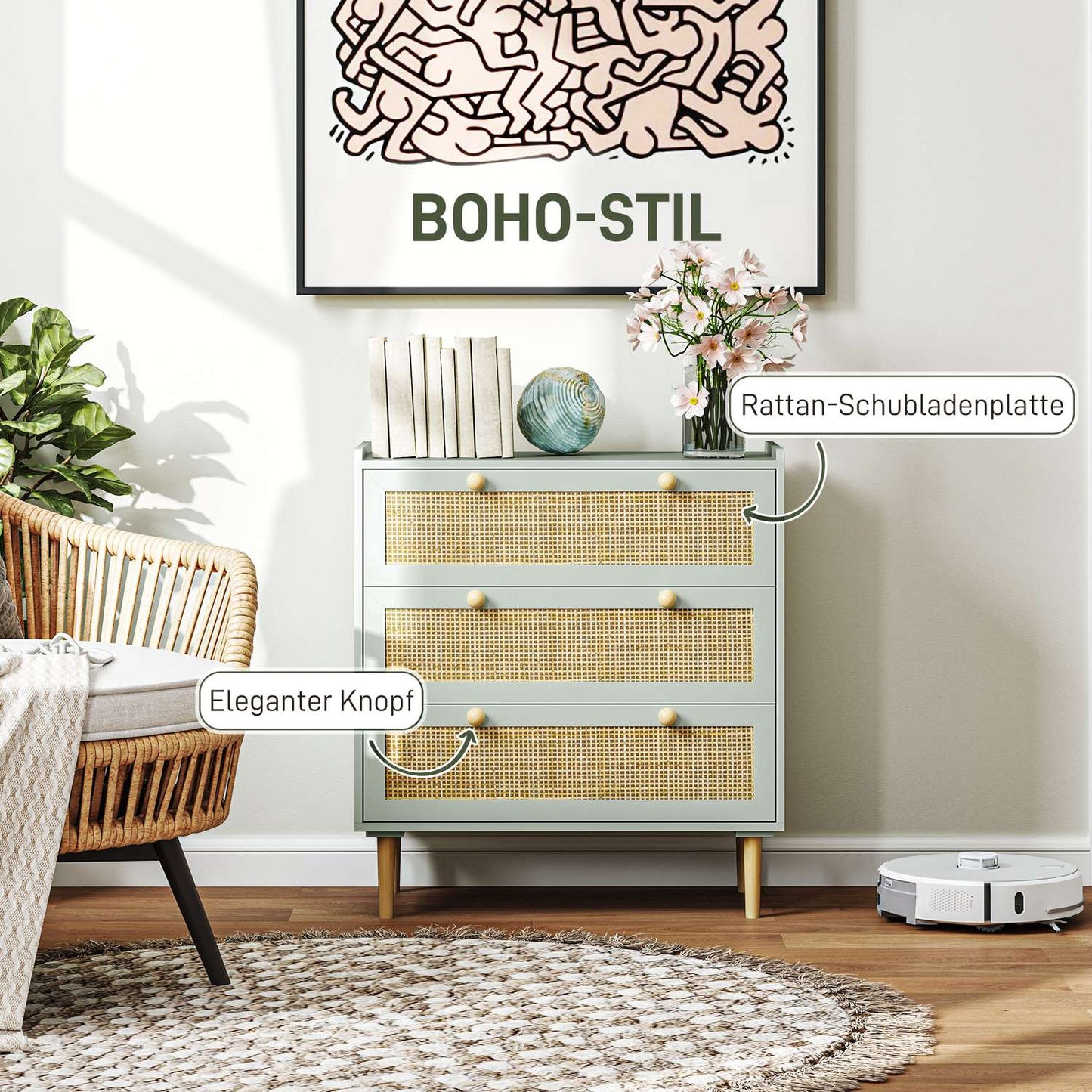 Boho Rattan dresser, 3-drawer sideboard, light blue