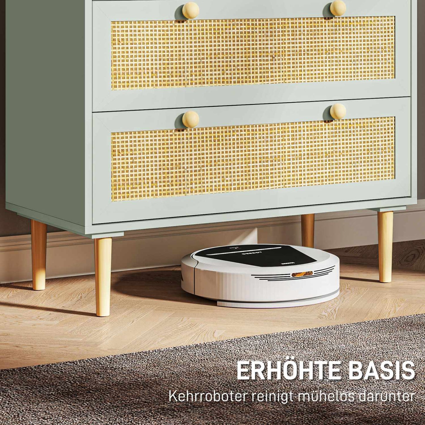 Boho Rattan dresser, 3-drawer sideboard, light blue