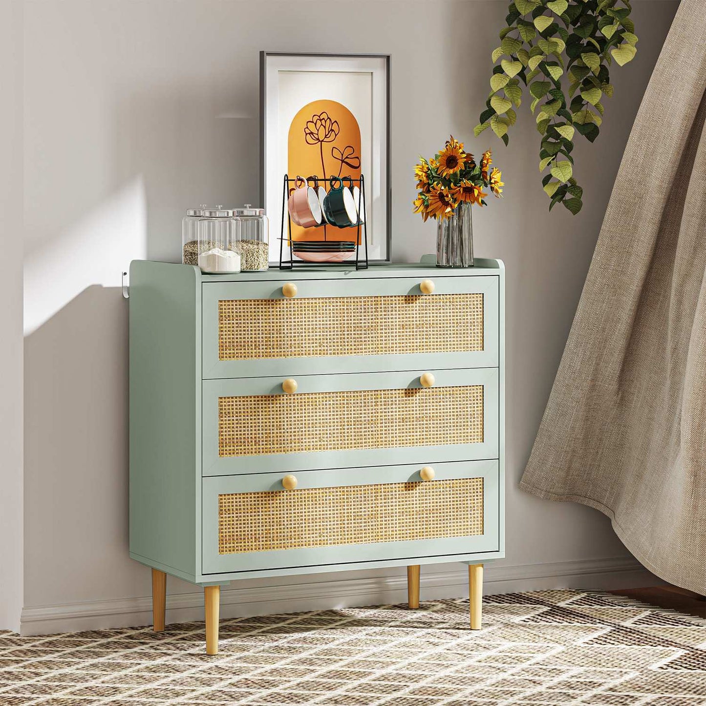Boho Rattan dresser, 3-drawer sideboard, light blue