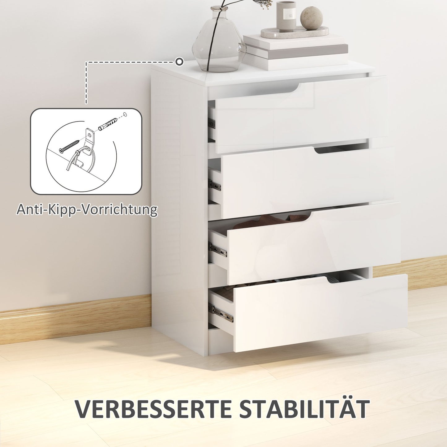 High gloss white dresser with 4 drawers, 60x40x85cm