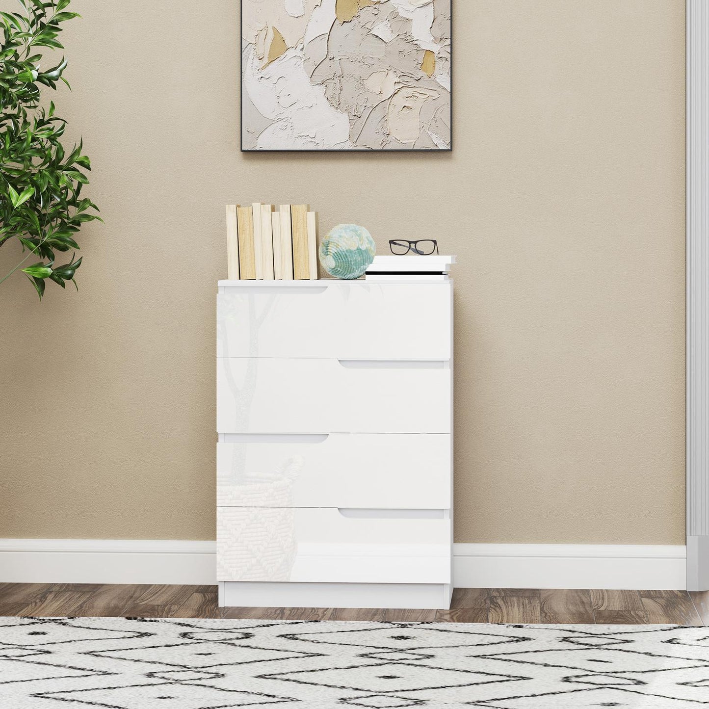 High gloss white dresser with 4 drawers, 60x40x85cm