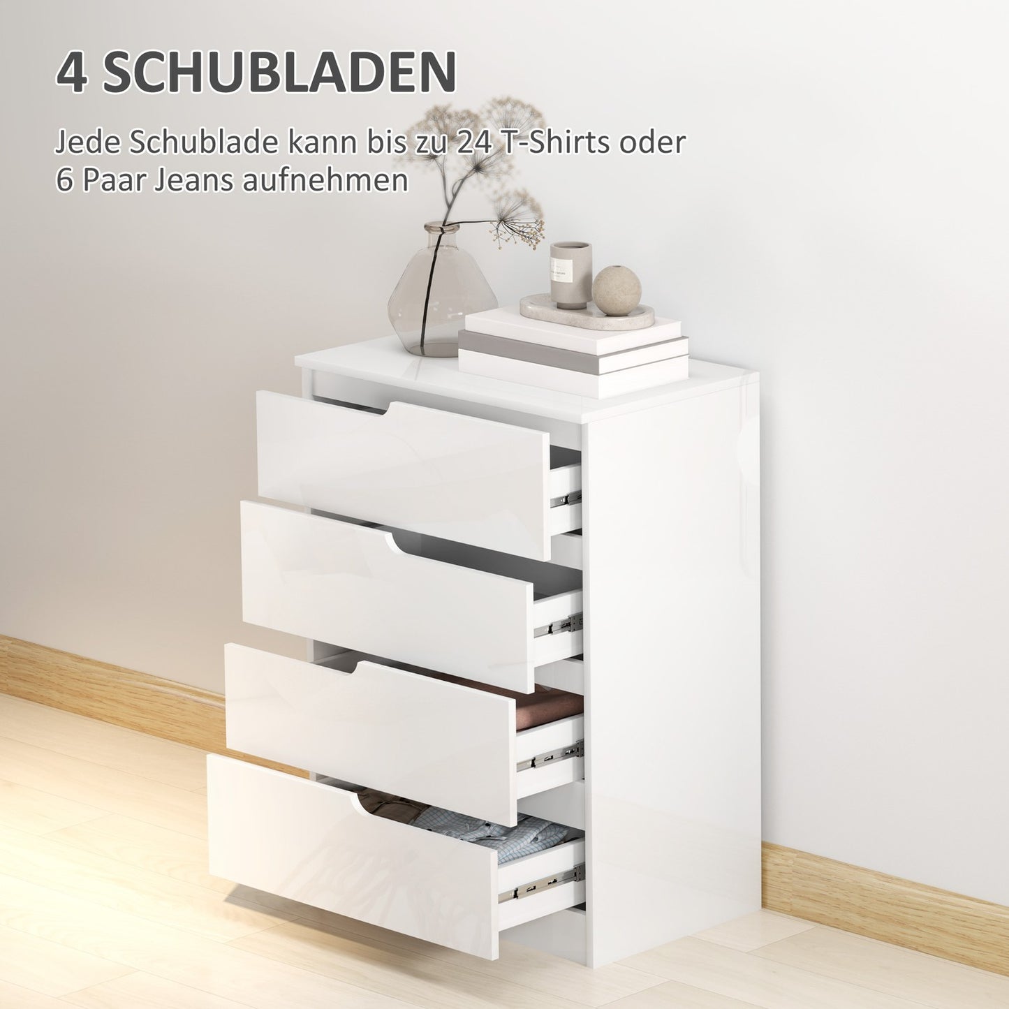 High gloss white dresser with 4 drawers, 60x40x85cm