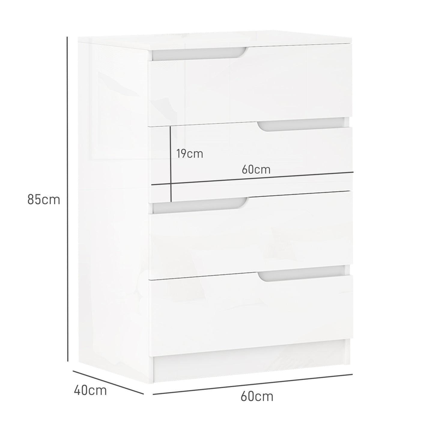 High gloss white dresser with 4 drawers, 60x40x85cm