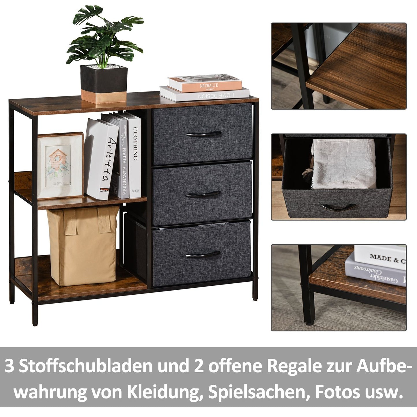Fabric Drawer Storage Chest - 3 Drawers, Metal Frame, Brown
