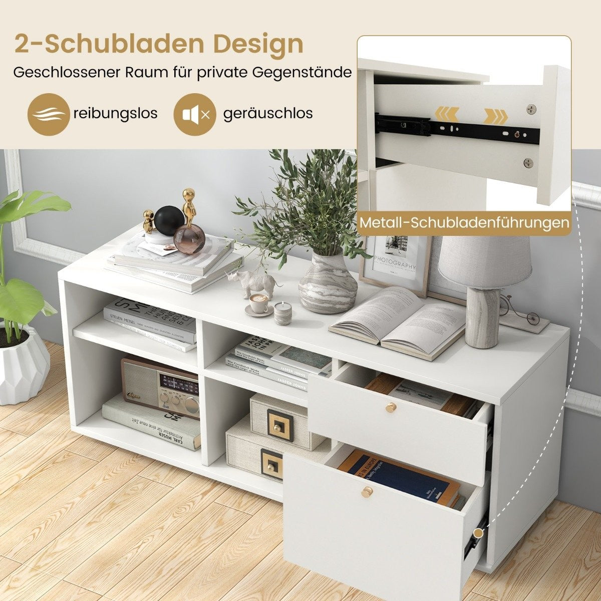 Chest of drawers with 2 drawers & 4 compartments & adjustable feet sideboard TV cabinet white
