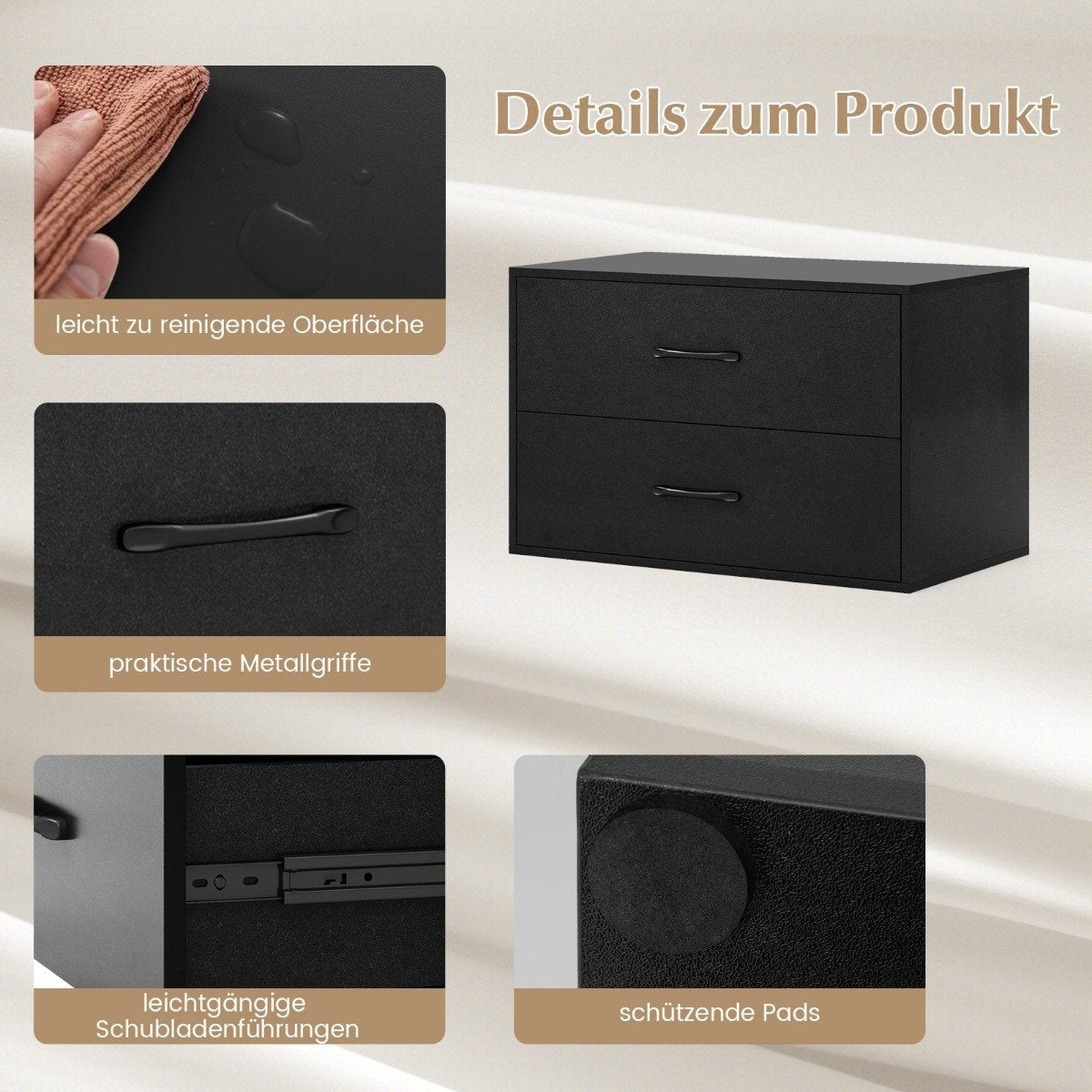 Chest of drawers with 2 drawers, drawer cabinet, stackable, sideboard made of wood, 60 x 34 x 38 cm, black