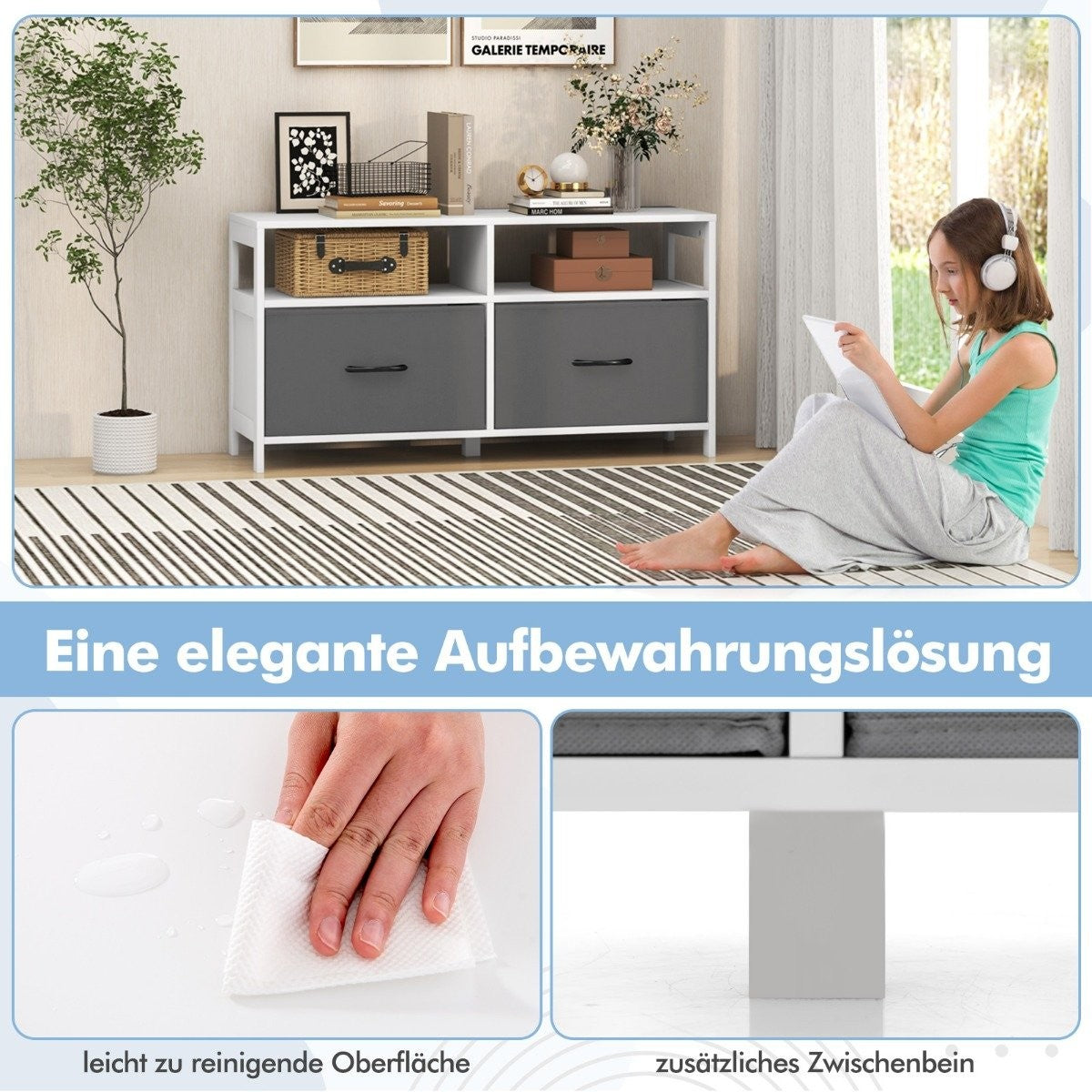 Chest of drawers with 2 drawers storage cabinet with open shelves 100 x 30 x 53 cm