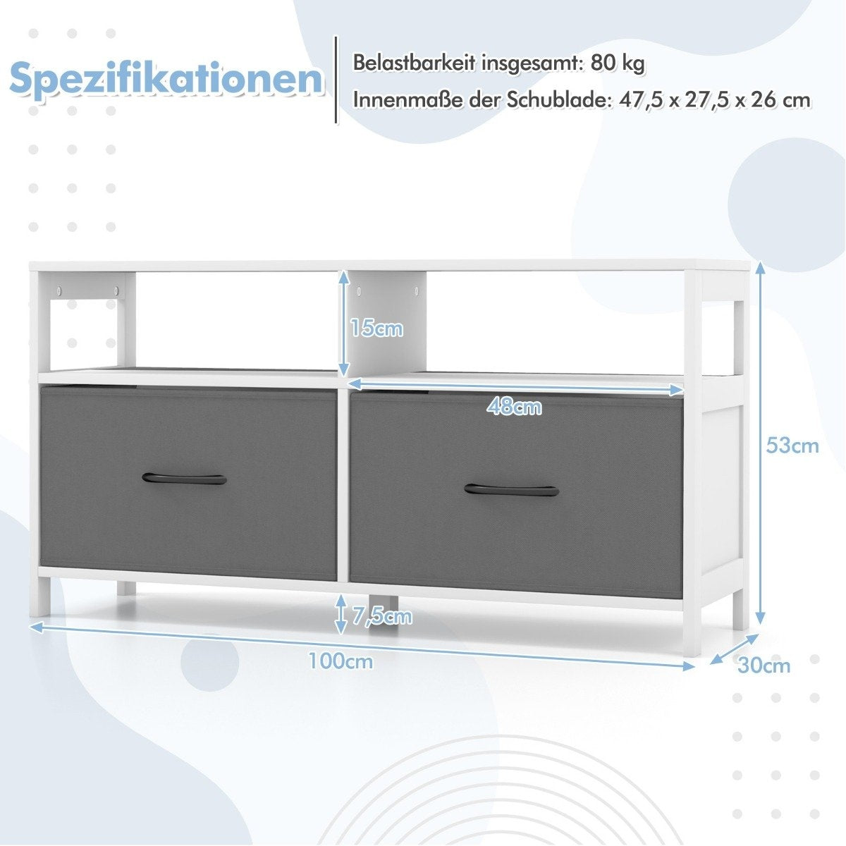 Chest of drawers with 2 drawers storage cabinet with open shelves 100 x 30 x 53 cm