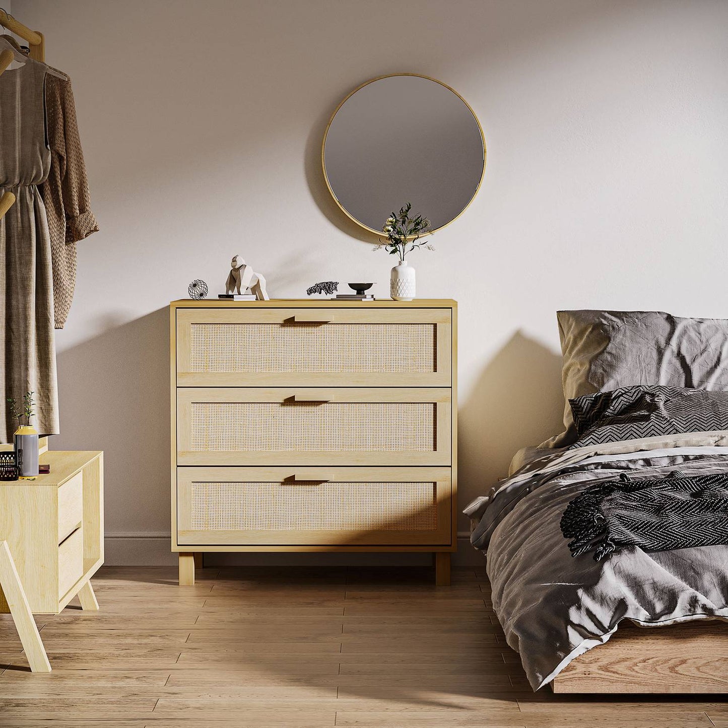 Chest of drawers in rattan look, 3 drawers, anti-tip, 80x40x80cm
