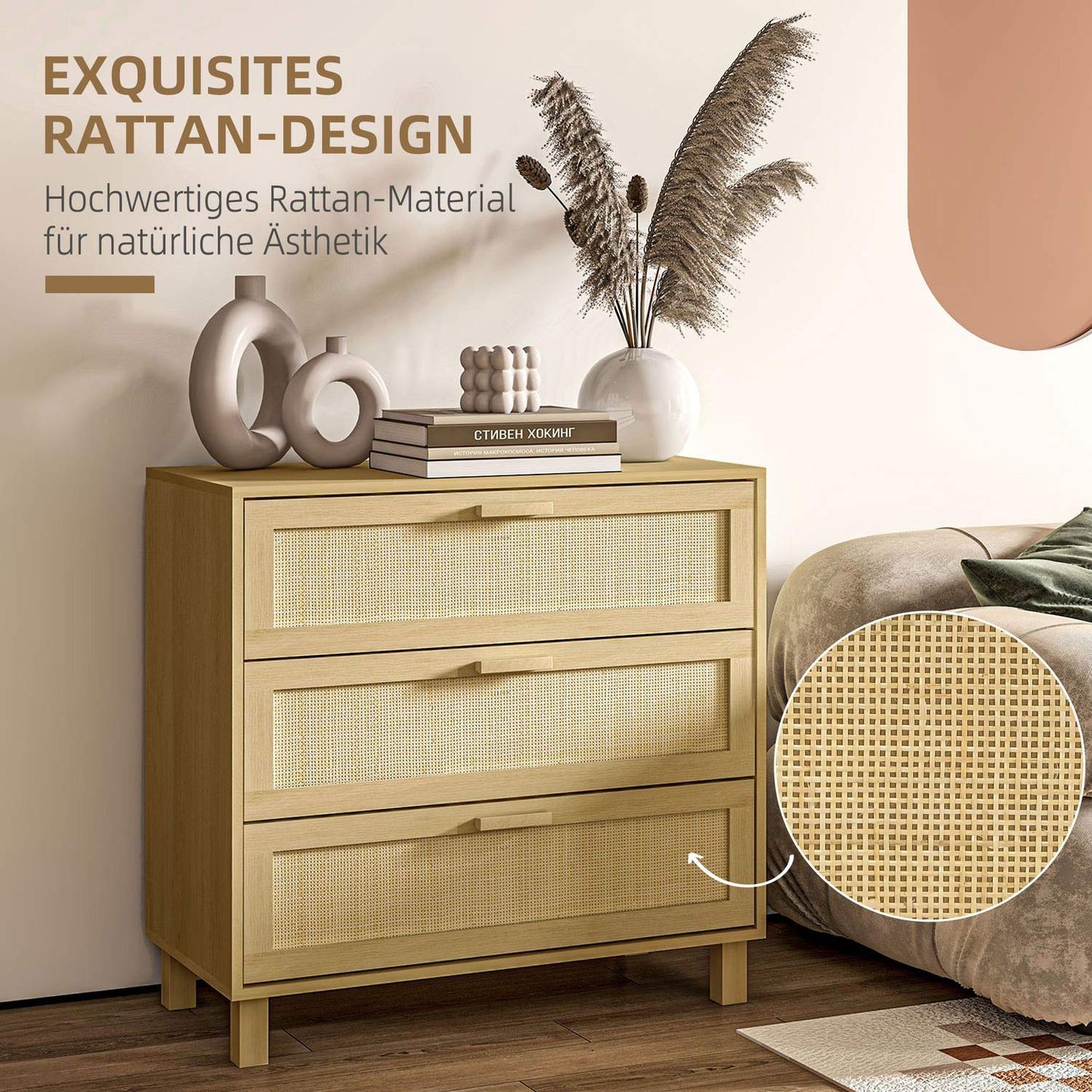 Chest of drawers in rattan look, 3 drawers, anti-tip, 80x40x80cm