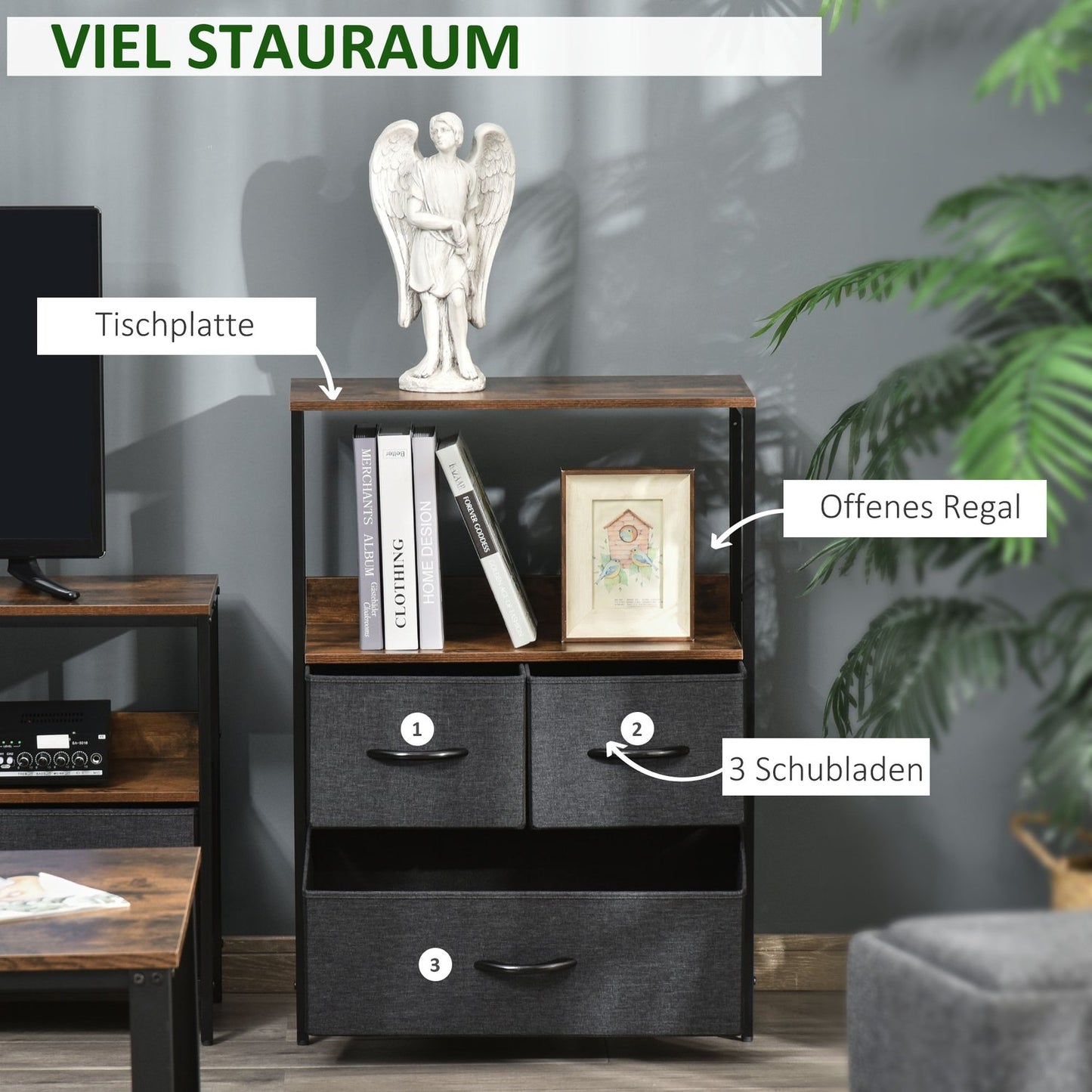 Chest of drawers with 3 drawers made of linen storage cabinet with shelf handles black