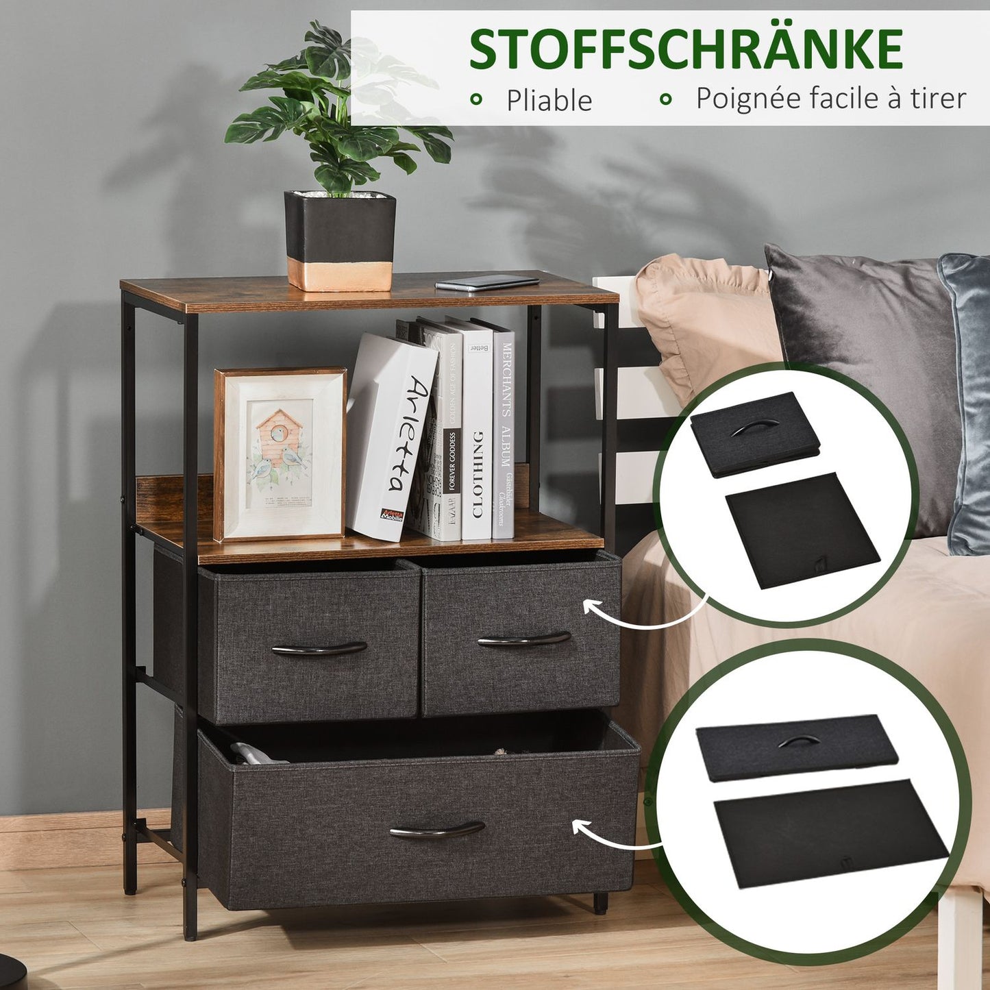 Chest of drawers with 3 drawers made of linen storage cabinet with shelf handles black