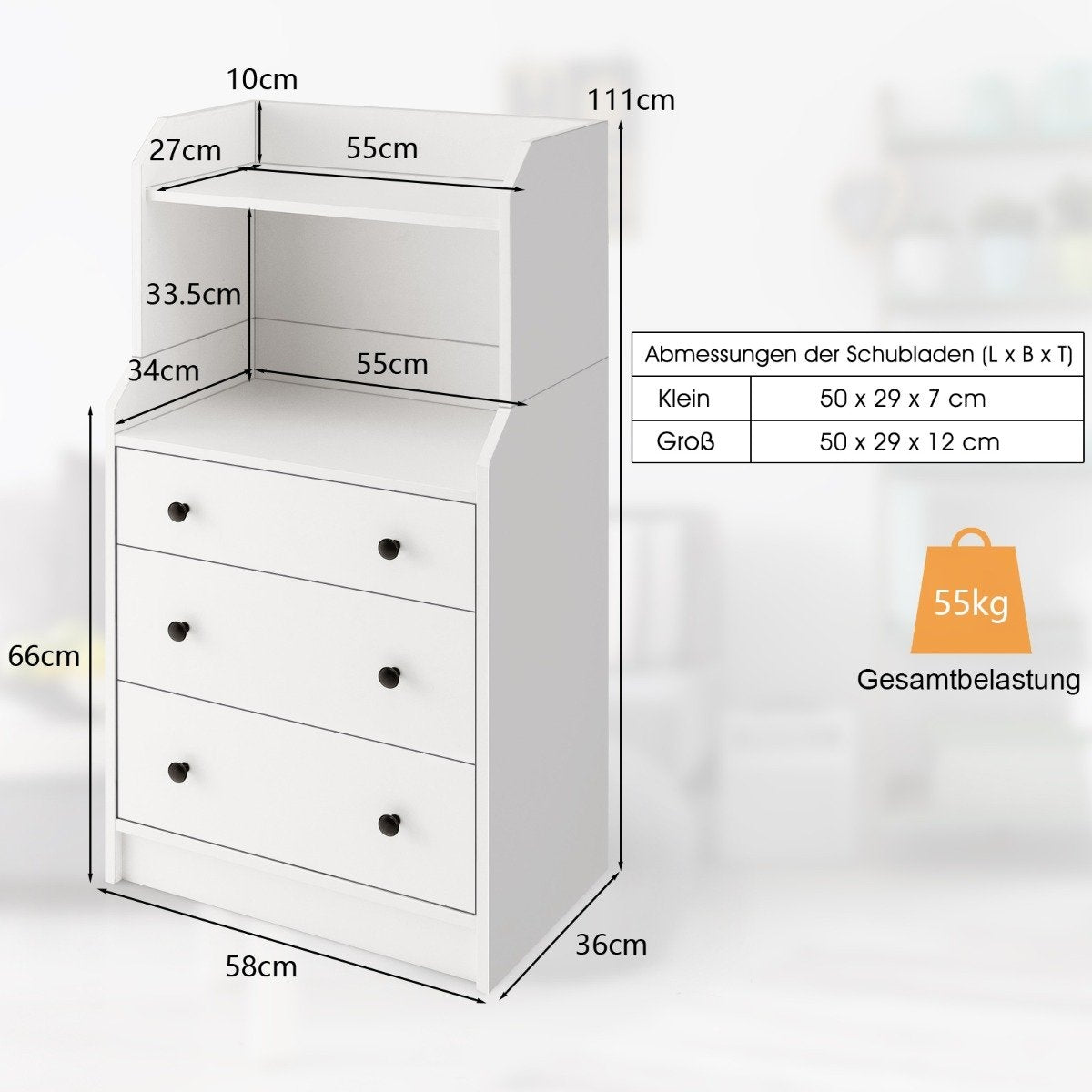 Chest of drawers with 3 drawers & shelves & anti-tip device Drawer cabinet White