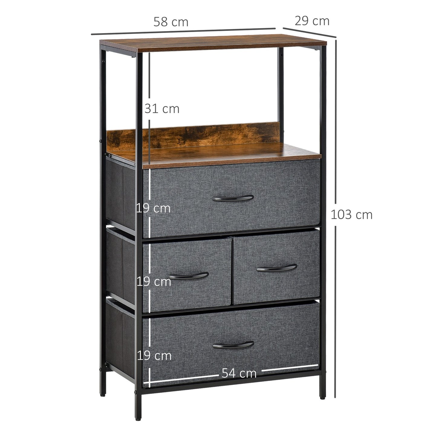 Chest of drawers with 4 drawers made of linen storage cabinet with shelf handles black