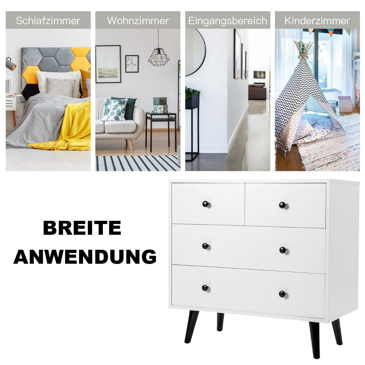 Chest of drawers with 4 drawers, sideboard made of wood, modern storage cabinet, white