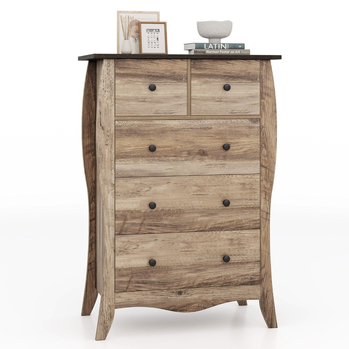 Chest of drawers with 5 folding fabric drawers, sideboard in country house style, drawer cabinet, brown