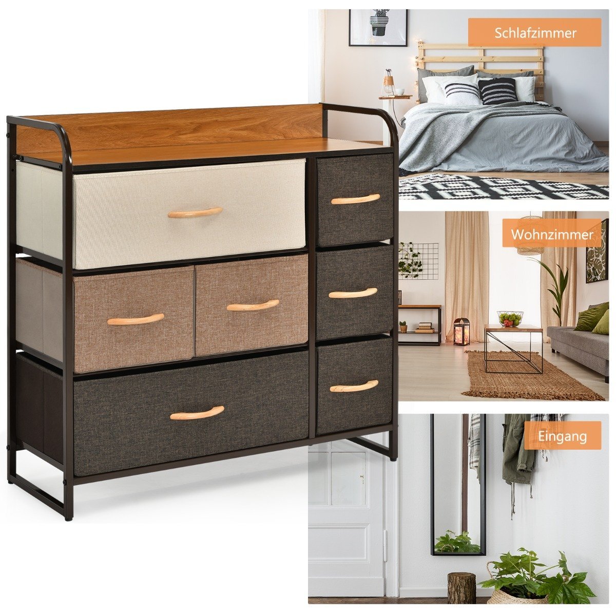 Chest of drawers with 7 fabric drawers & steel frame & wooden surface