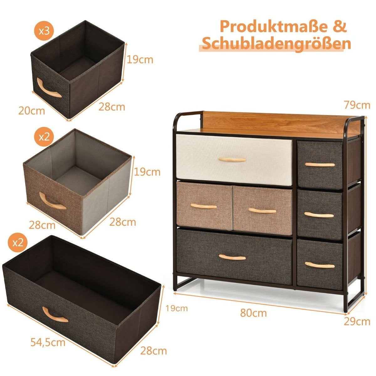 Chest of drawers with 7 fabric drawers & steel frame & wooden surface