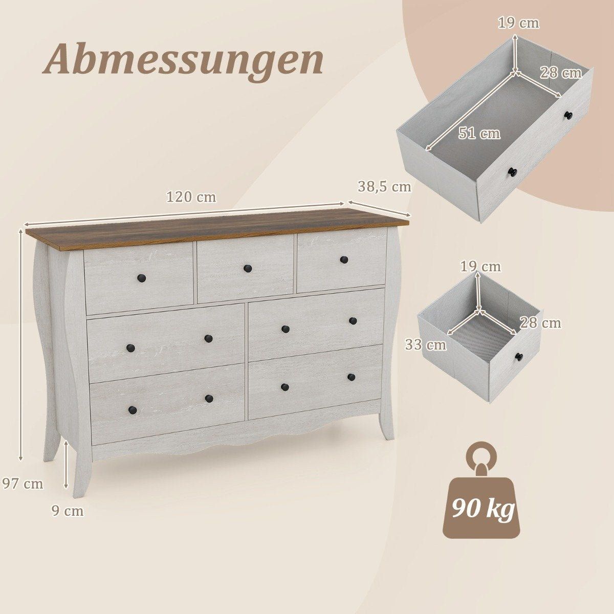 Chest of drawers with 7 folding fabric drawers, sideboard in country house style, wardrobe, grey