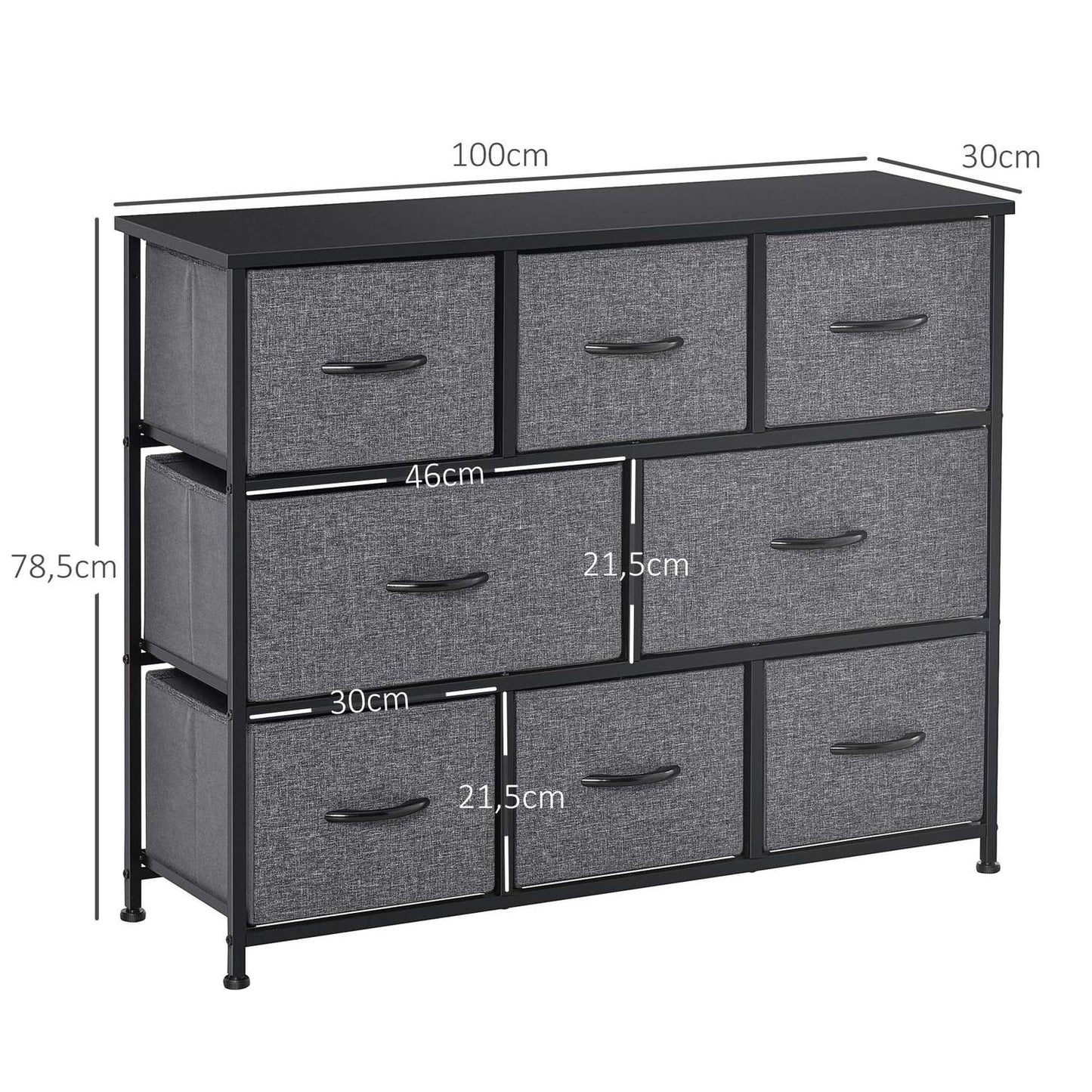 Fabric dresser with 8 drawers, metal frame - dark grey
