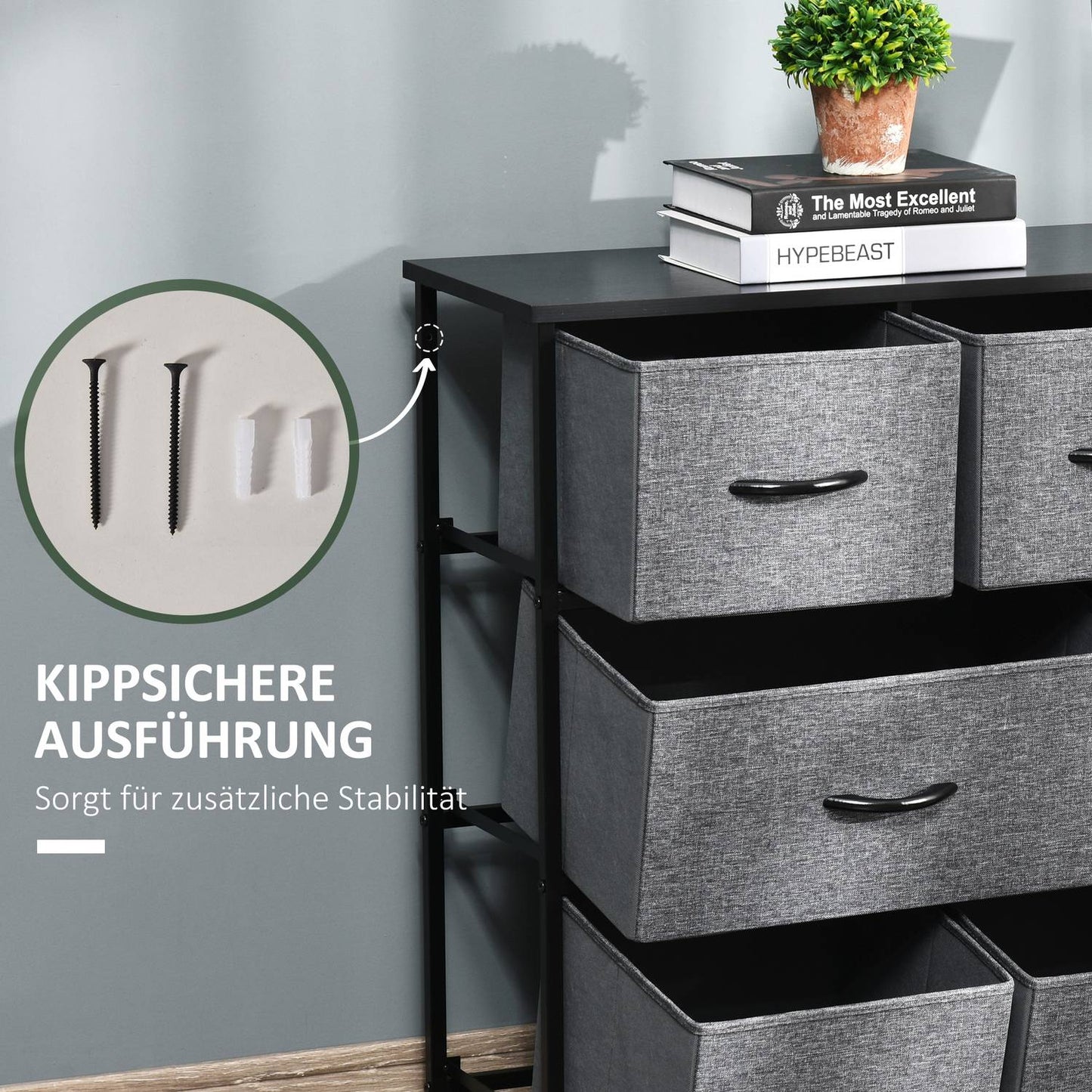 Fabric dresser with 8 drawers, metal frame - dark grey