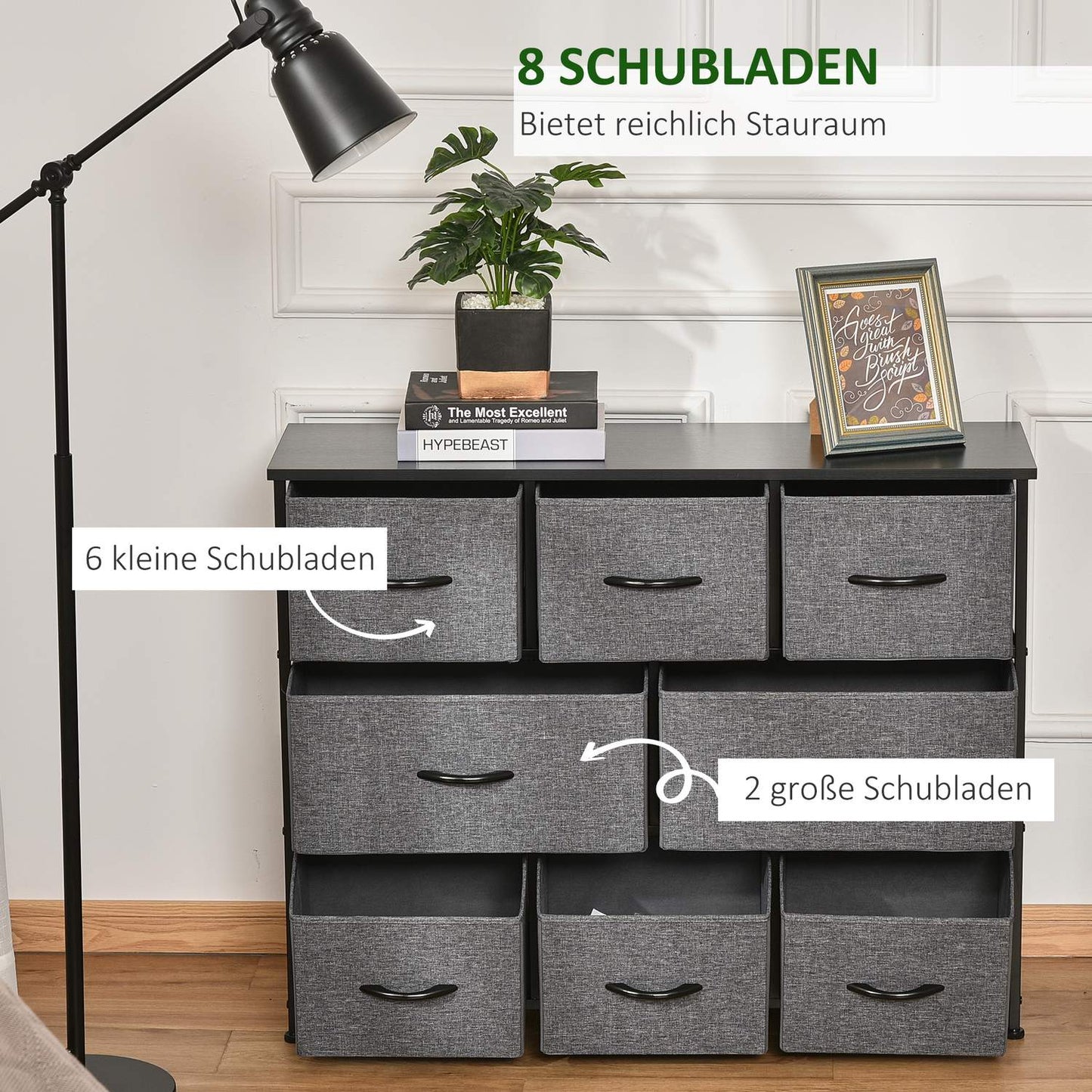 Fabric dresser with 8 drawers, metal frame - dark grey