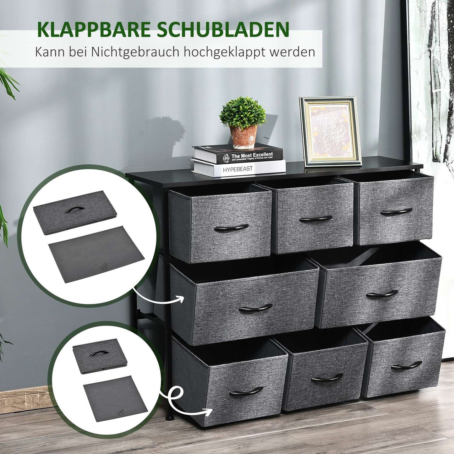 Fabric dresser with 8 drawers, metal frame - dark grey