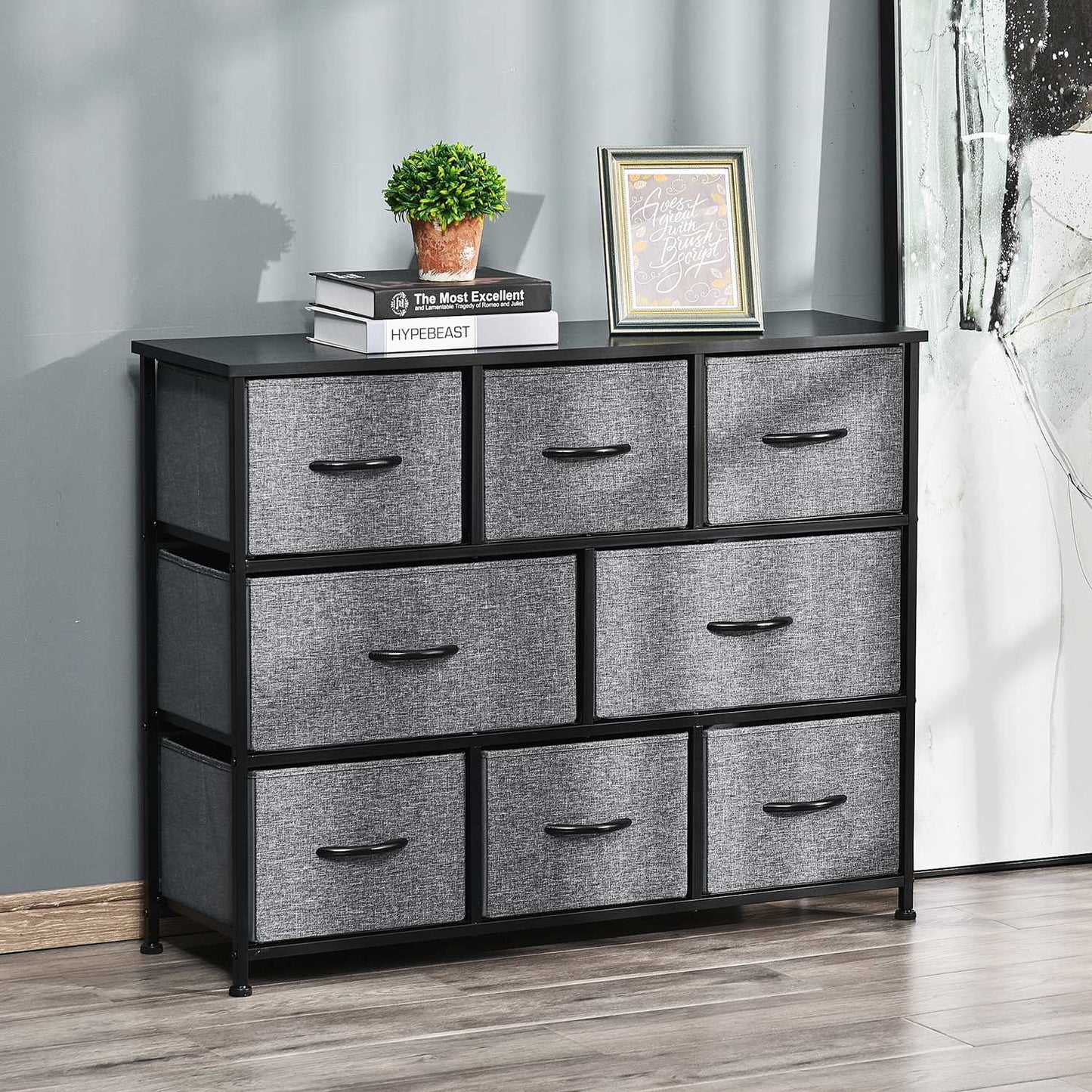 Fabric dresser with 8 drawers, metal frame - dark grey