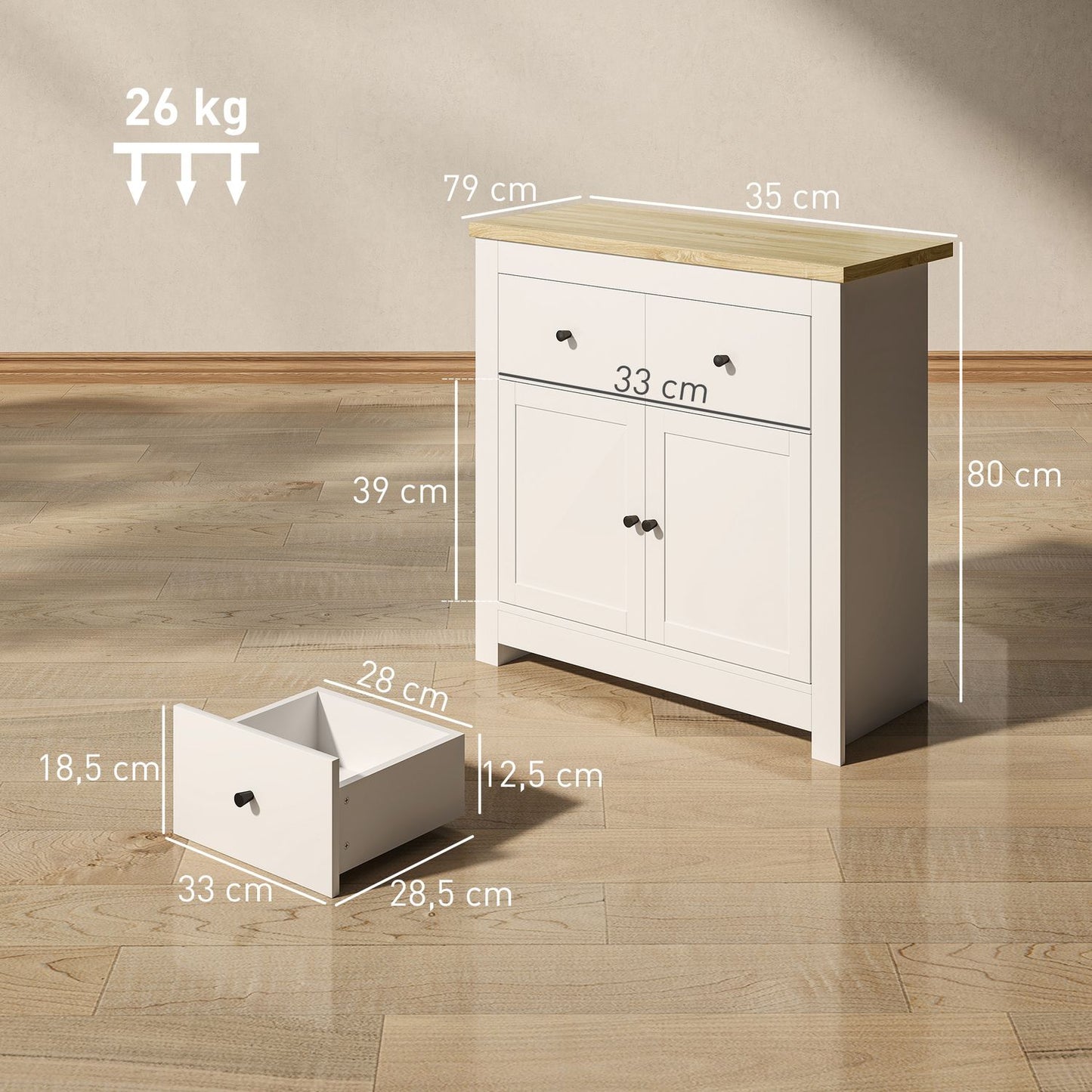White Sideboard with Drawers and Adjustable Shelf