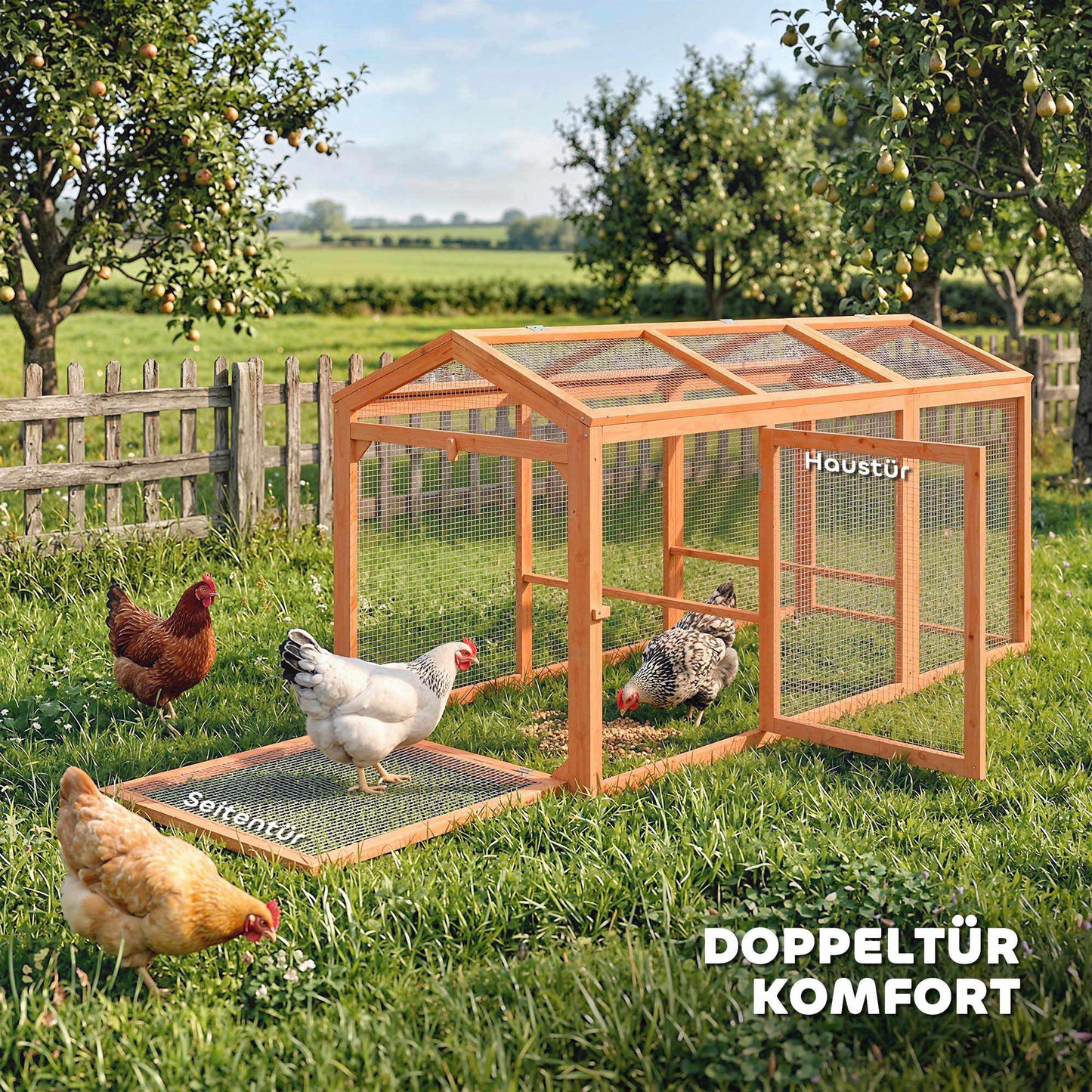 Chicken Coop with Perch, Double Doors, Wood & Metal, 156x70.5x84 cm