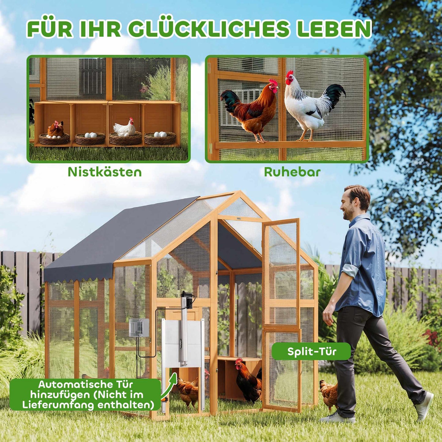 Chicken Coop with Run, 3.07㎡, Waterproof Cover, 6-8 Hens