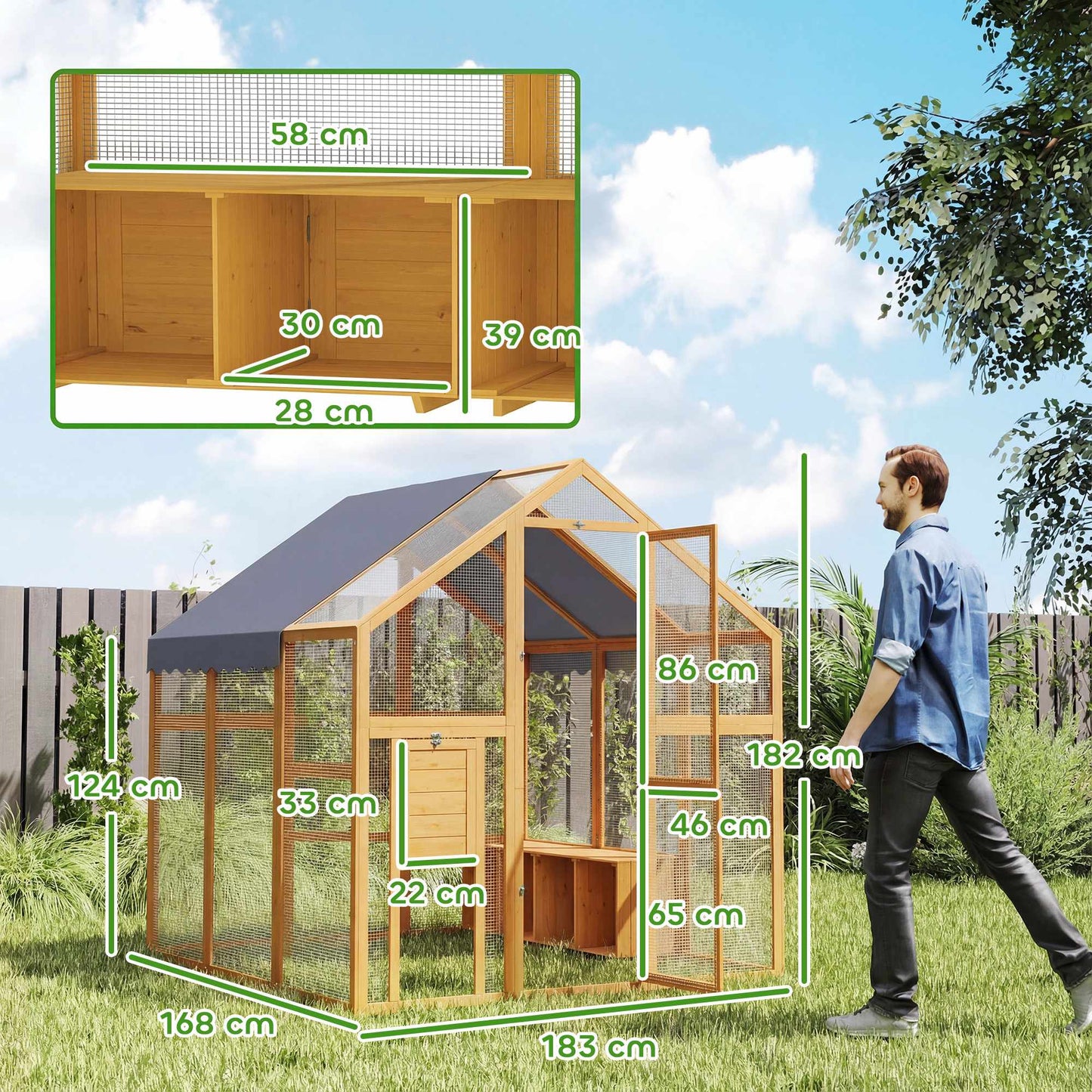Chicken Coop with Run, 3.07㎡, Waterproof Cover, 6-8 Hens