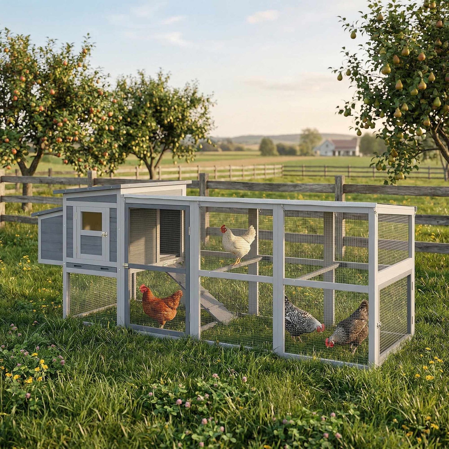 Chicken Coop with Run, Nesting Box, Asphalt Roof, 264x82x89cm