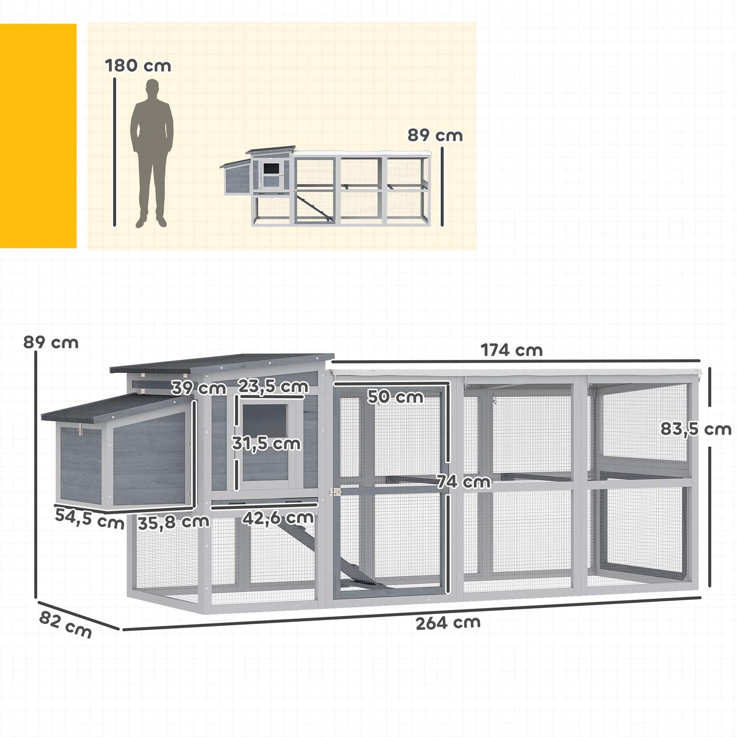 Chicken Coop with Run, Nesting Box, Asphalt Roof, 264x82x89cm