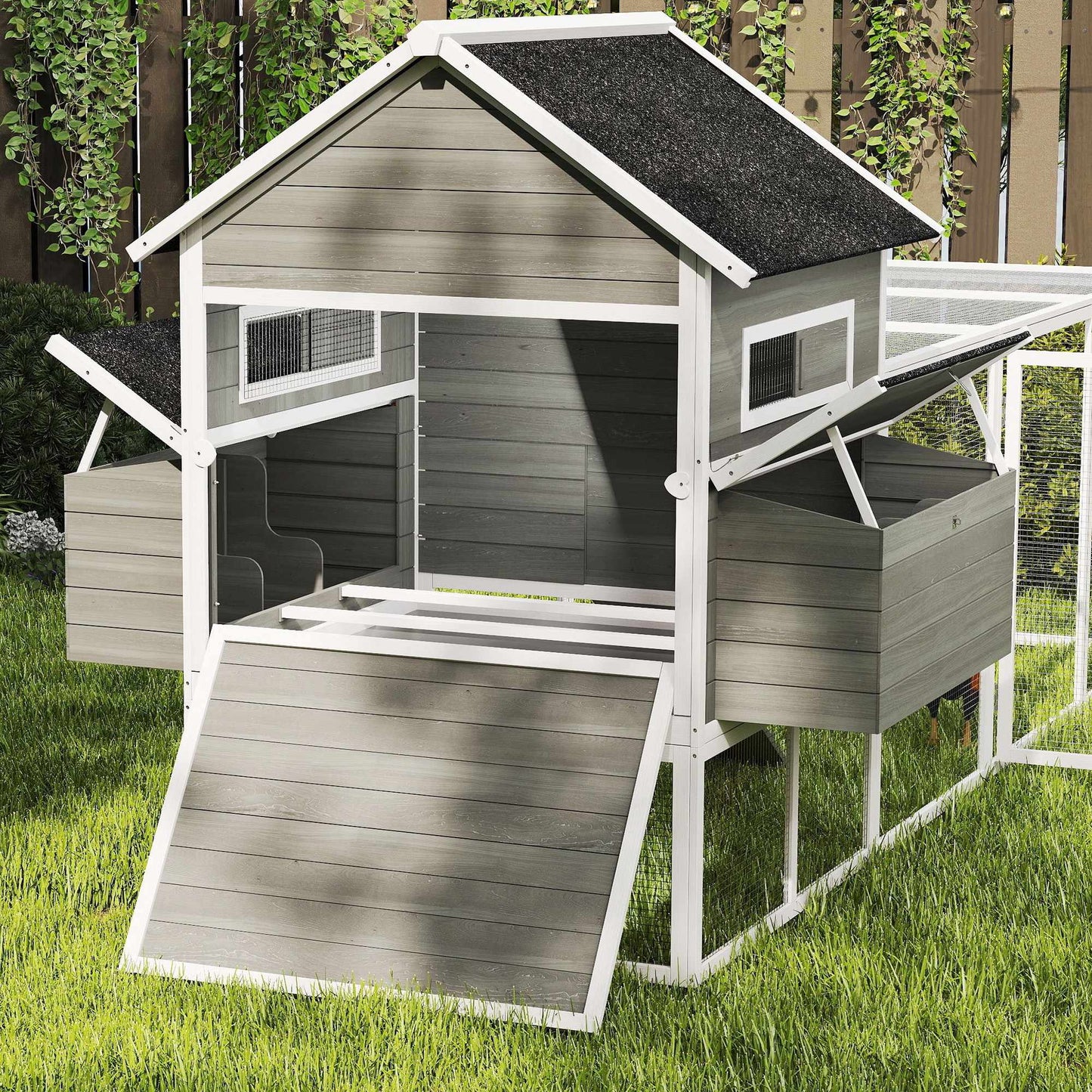 Chicken Coop with Run, Weatherproof, Gray Pine Wood