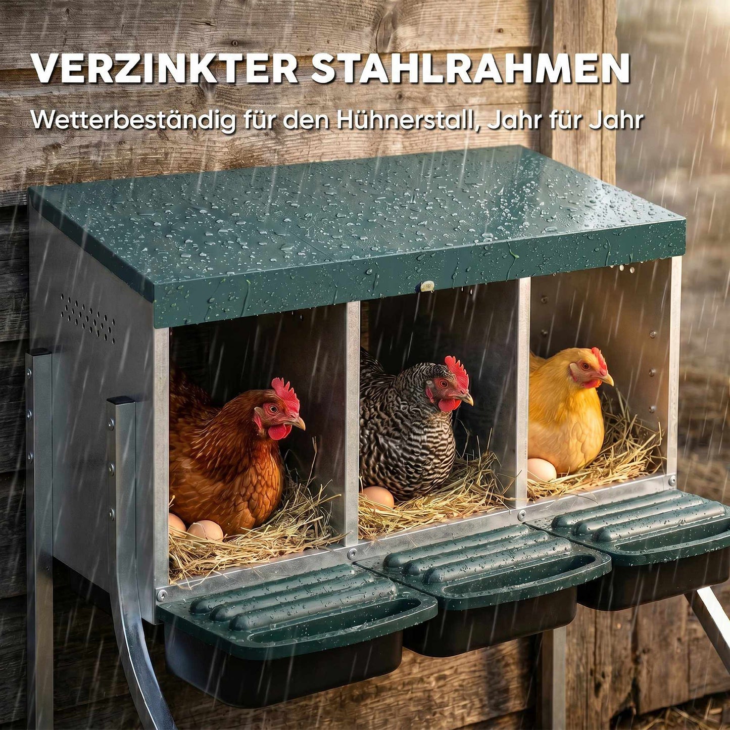 Chicken Nest Box with Ventilation, 3 Compartments, Metal