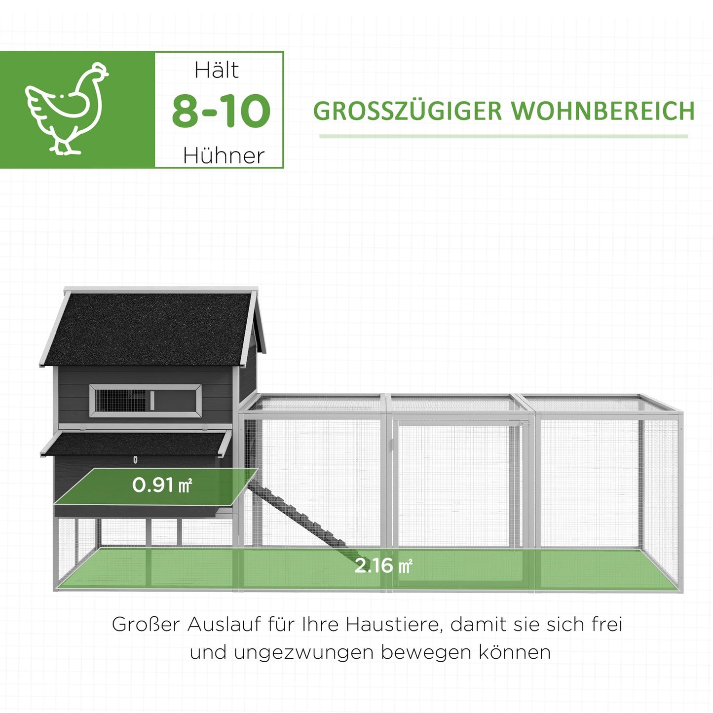 Chicken house with nest box and run for 8–10 chickens