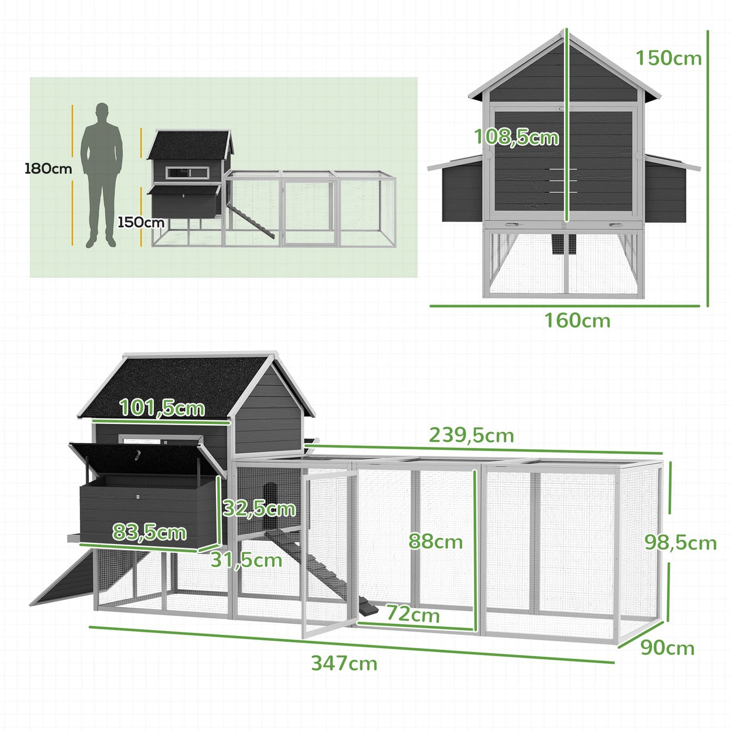 Chicken house with nest box and run for 8–10 chickens
