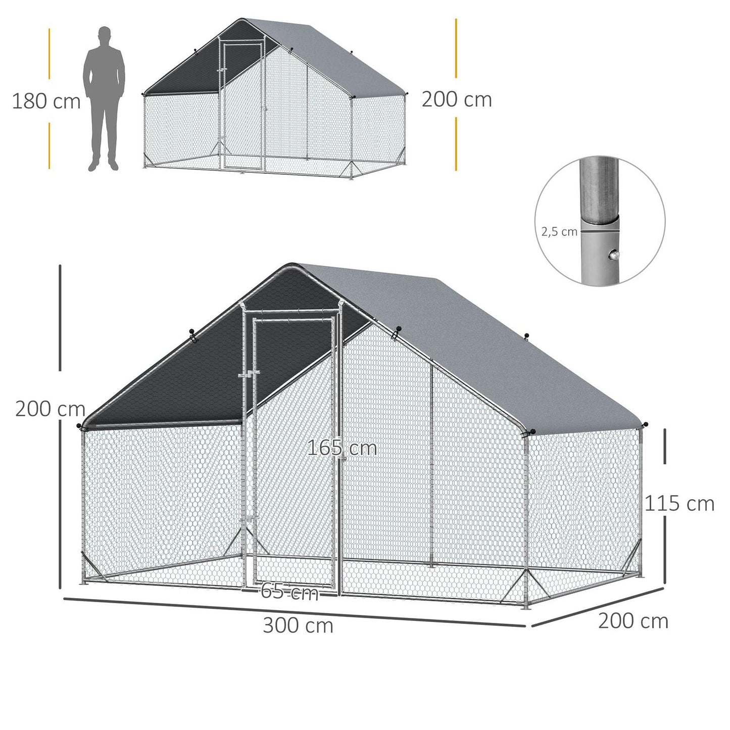 Steel chicken house with lid - 4-6 chickens, 300x200x200 cm