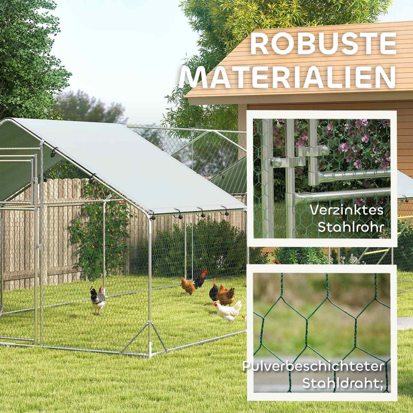 Large steel chicken house with UV protection and feeding door