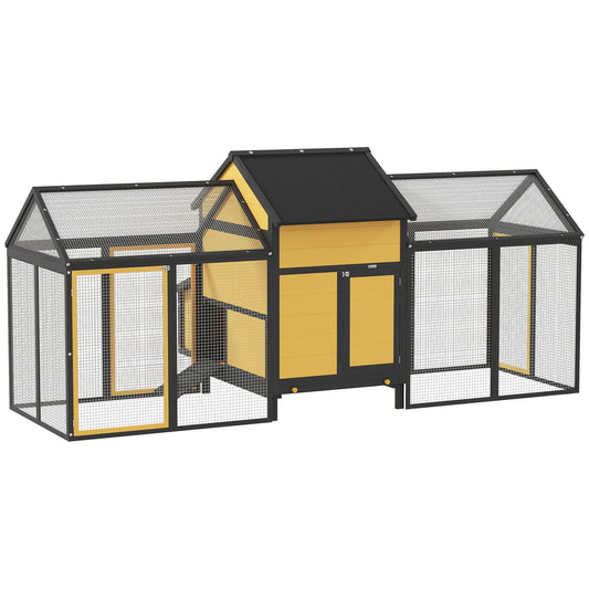 Chicken coop, small animal coop, 2 outdoor enclosures, 1 nesting box, 2 ramps, asphalt roof, weatherproof, yellow
