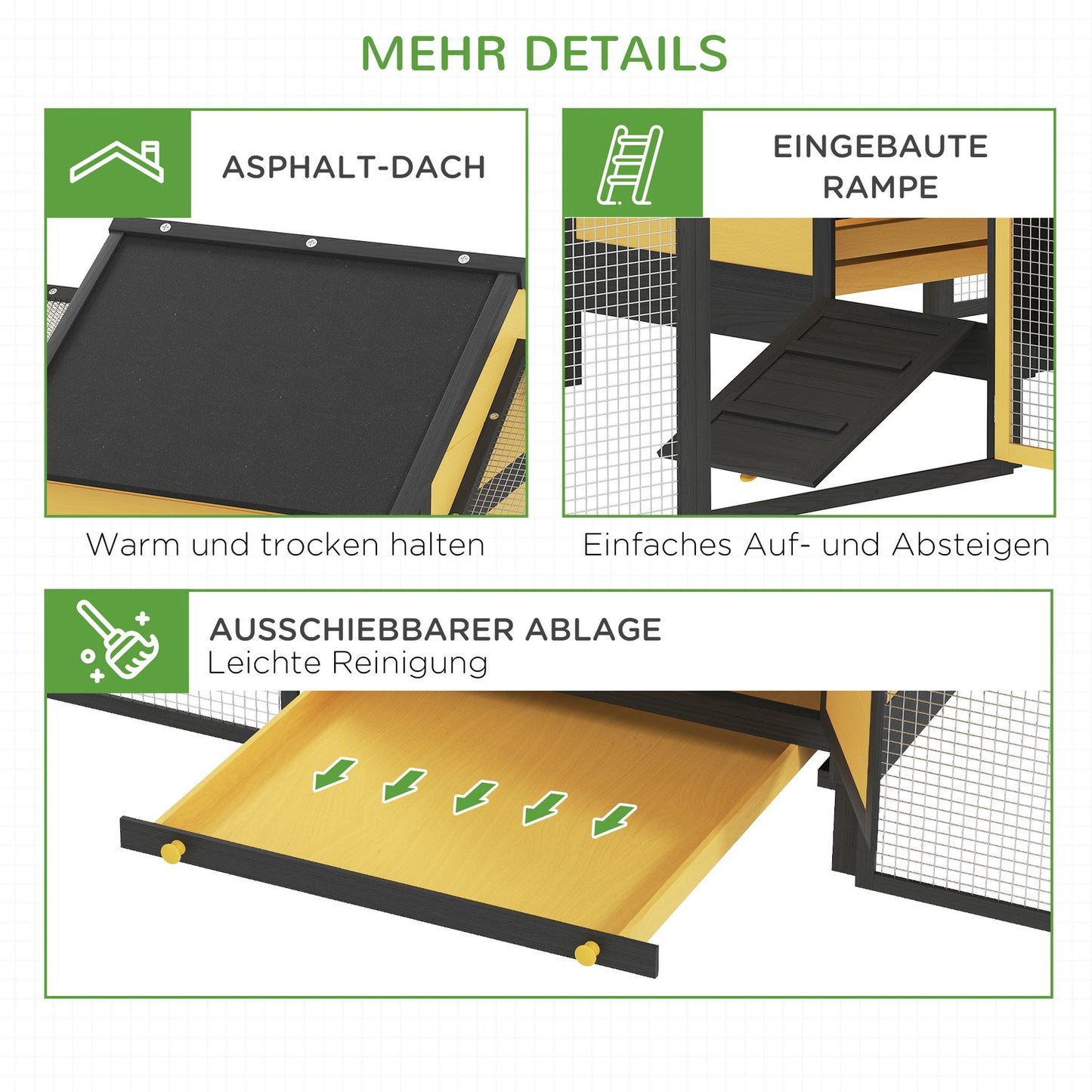 Chicken coop, small animal coop, 2 outdoor enclosures, 1 nesting box, 2 ramps, asphalt roof, weatherproof, yellow